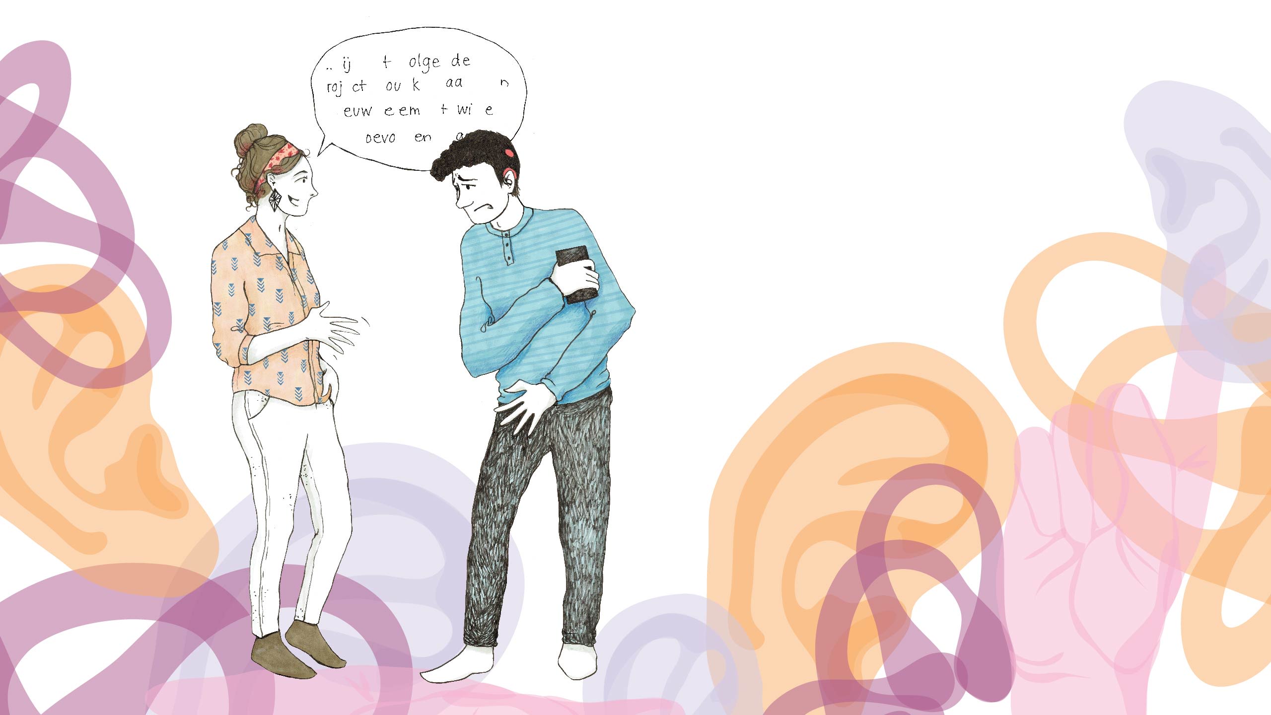 illustratie van een ci dragend persoon die de ander nog steeds niet goed kan verstaan, titel cochleair implantaat