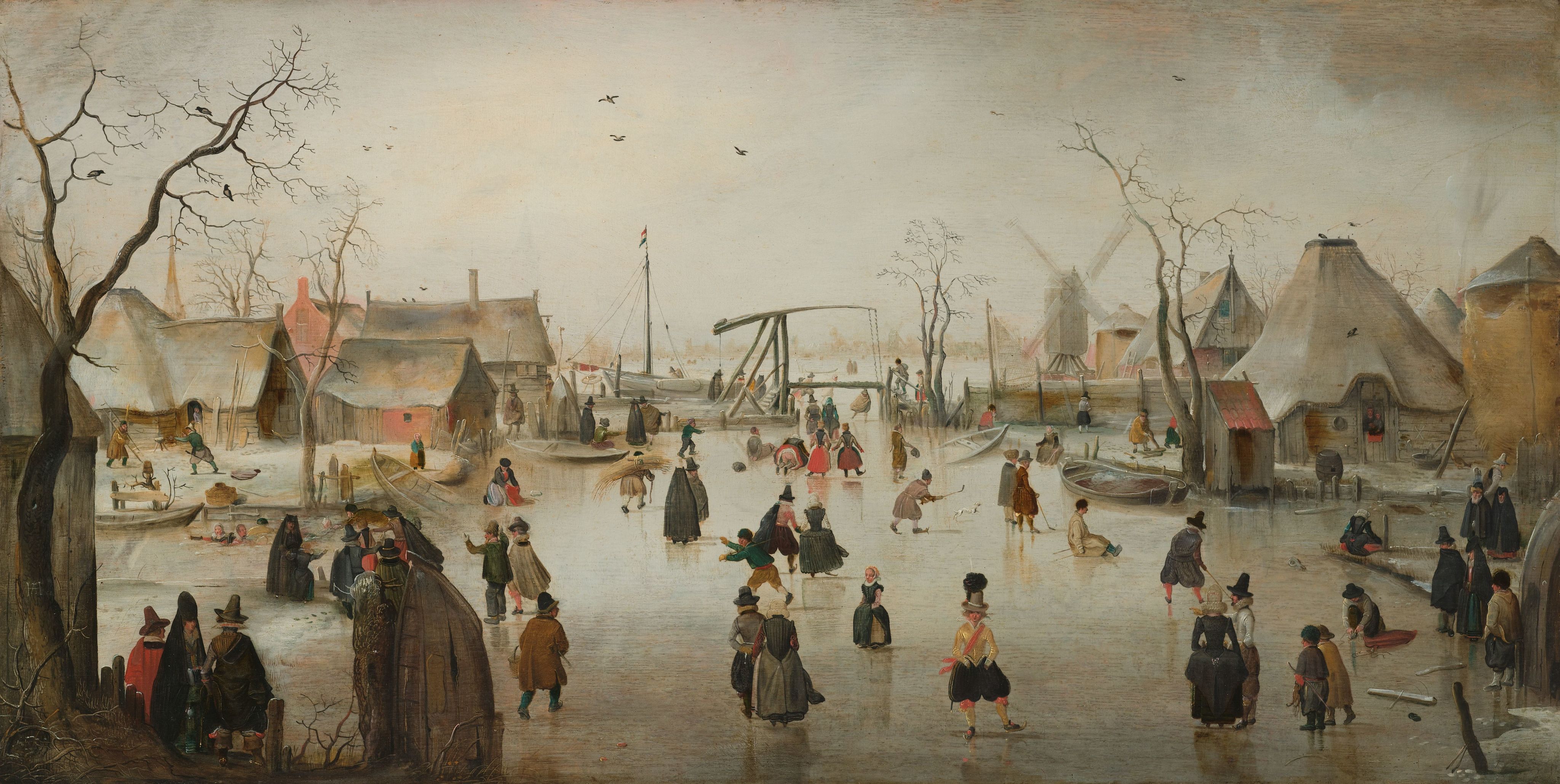 Schilderij Schaatsenrijden in een dorp, van de dove Hendrick Avercamp, ca. 1610
