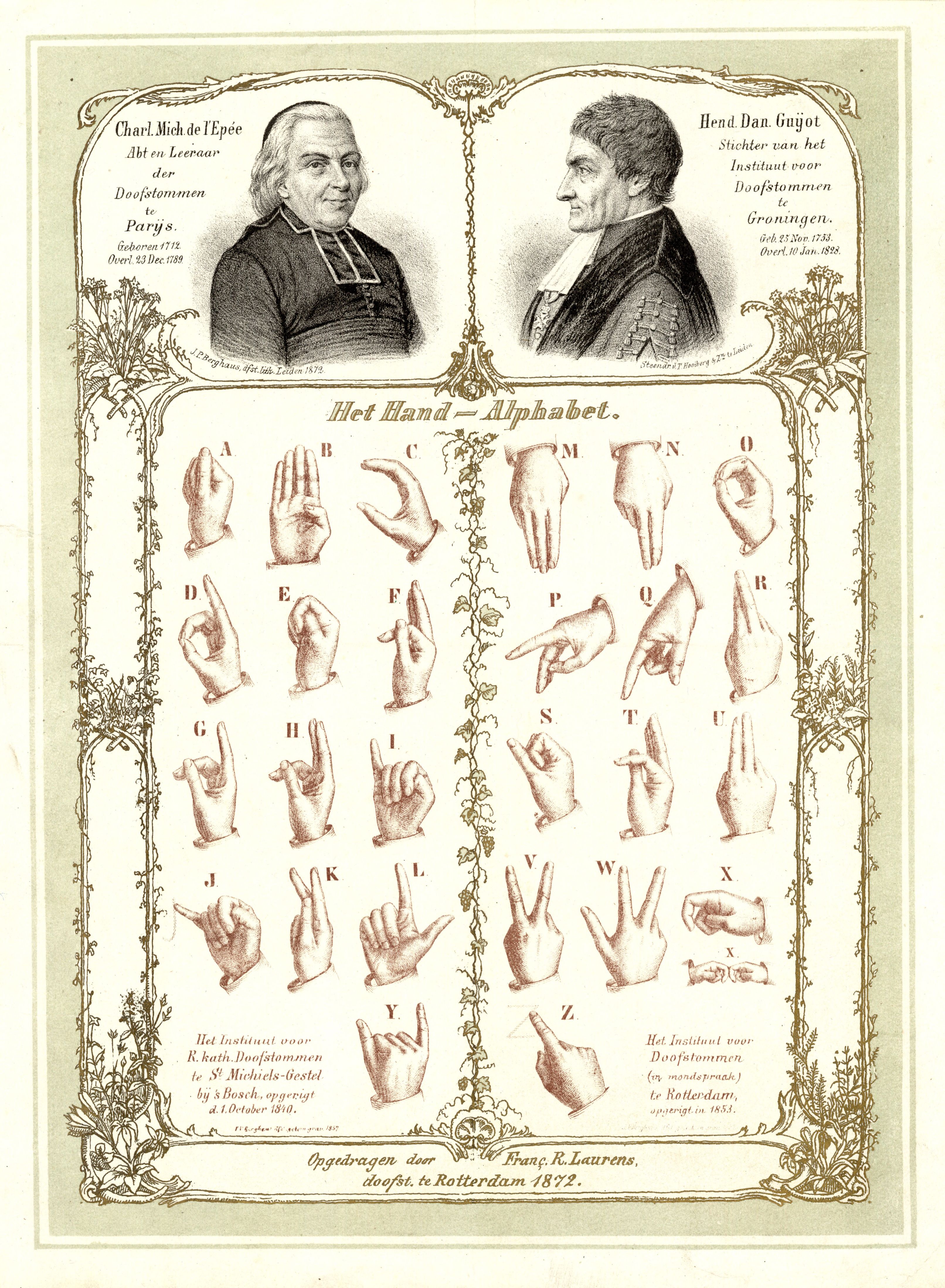 Geïllustreerde prent van het handalfabet van L'Epee en Guyot.