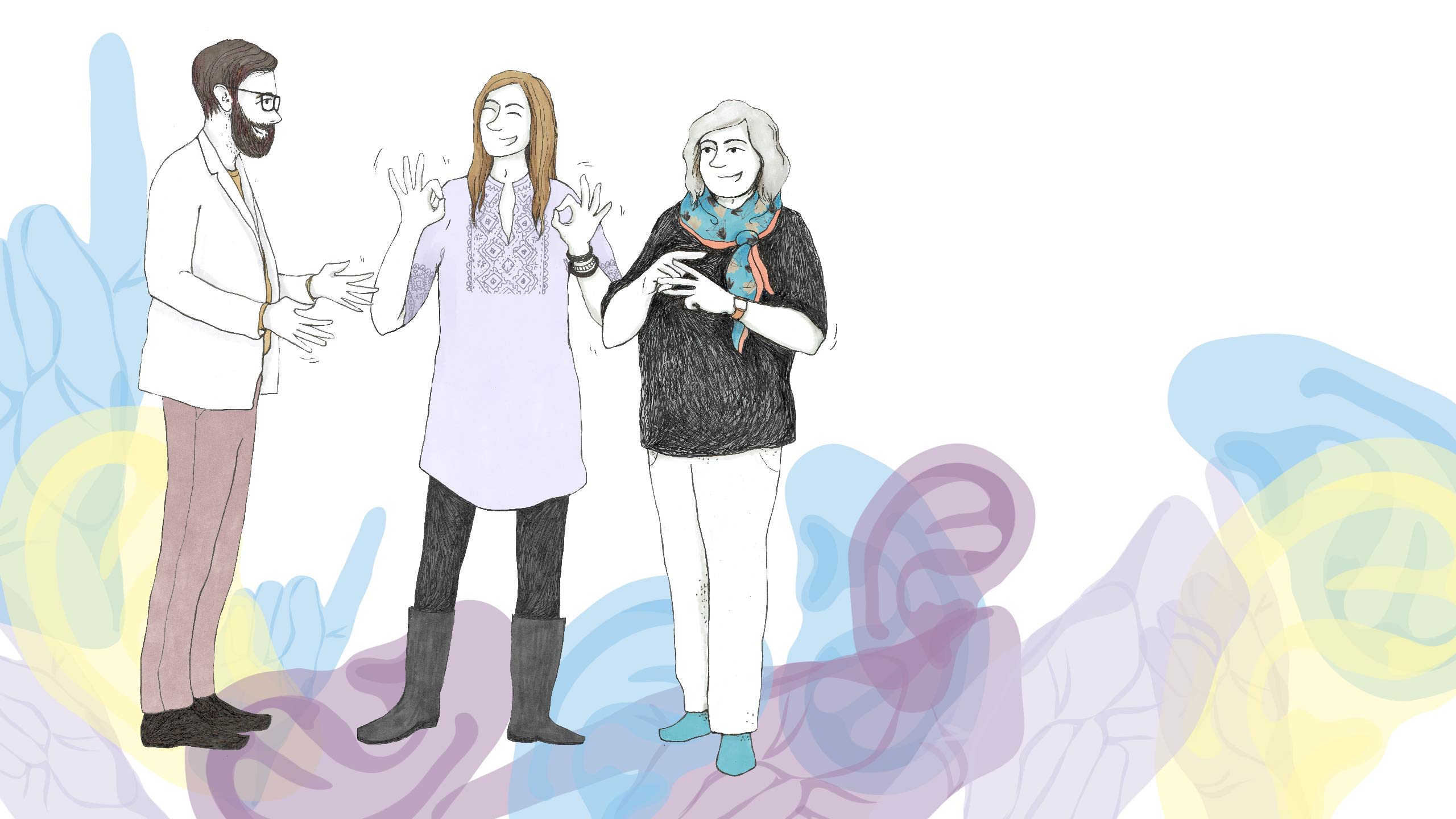 illustratie van drie gebarende mensen, titel dovencultuur & gebarentaal