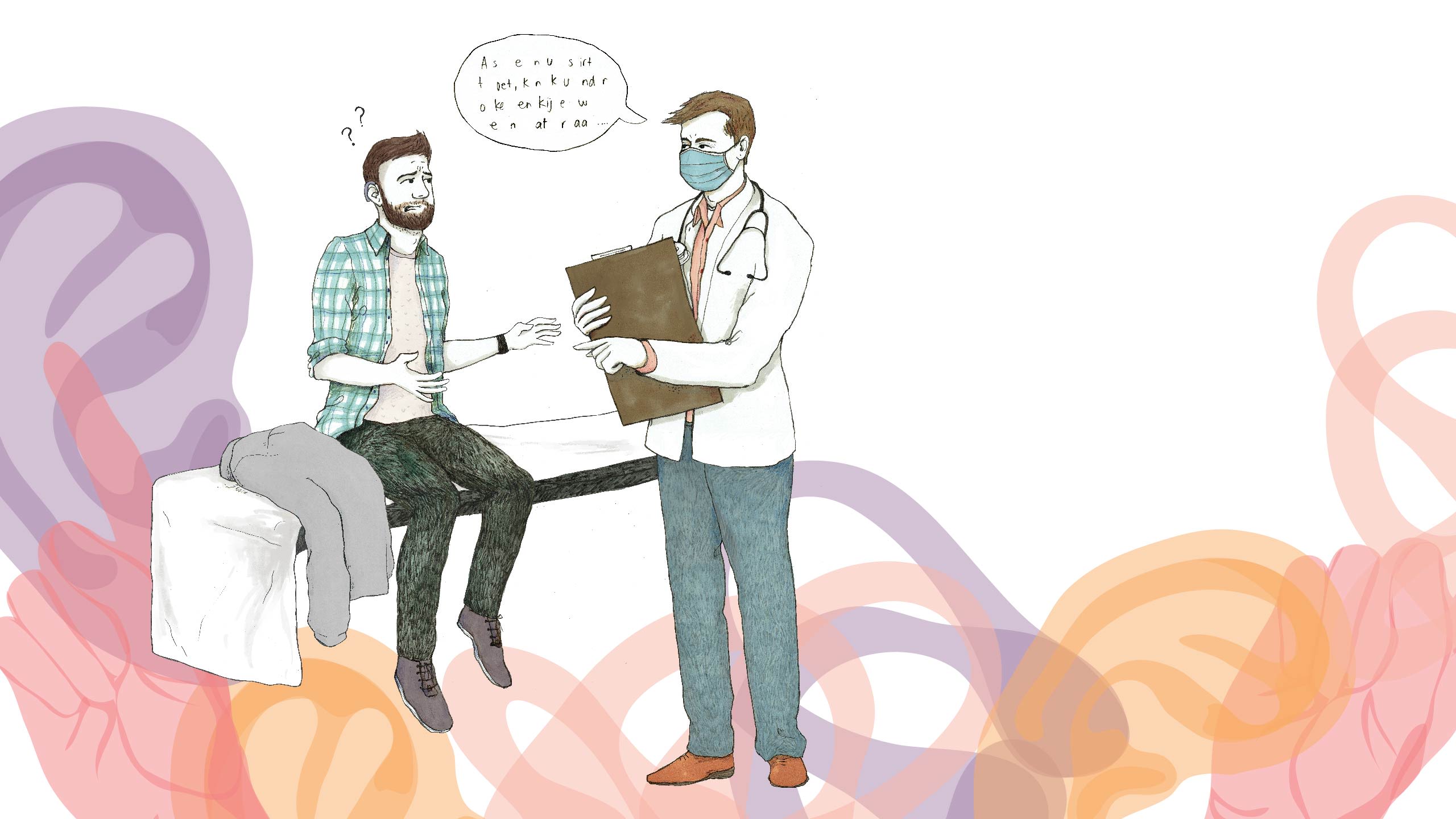 illustratie van een slechthorend patient die de arts niet kan verstaan vanwege zijn mondkapje, titel drempels in de zorg