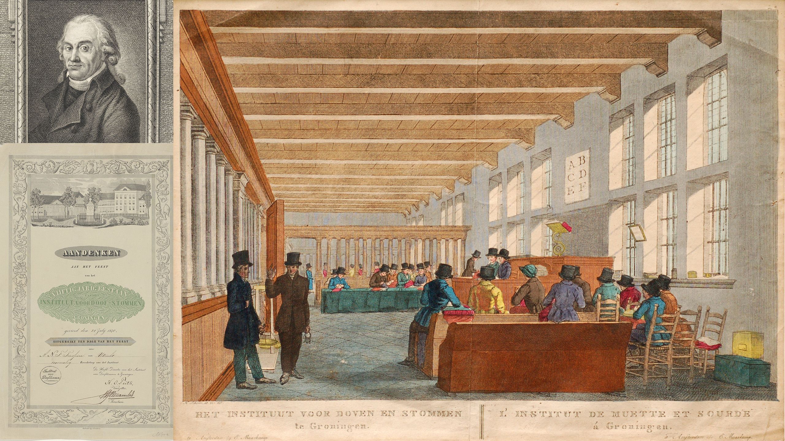 Tekening van de binnenkant van het Doveninstituut van Guyot waar je leerlingen in een lokaal ziet. Linksboven een prent van Guyot zelf. Linksonder een certificaat voor het 50 jarig bestaan van het instituut.